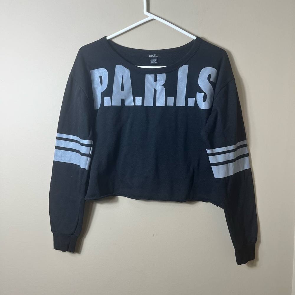 Rue 21 Paris Crop Top Sweatshirt L Black Varsity Stripe Long Sleeve Pullover - Picture 6 of 6